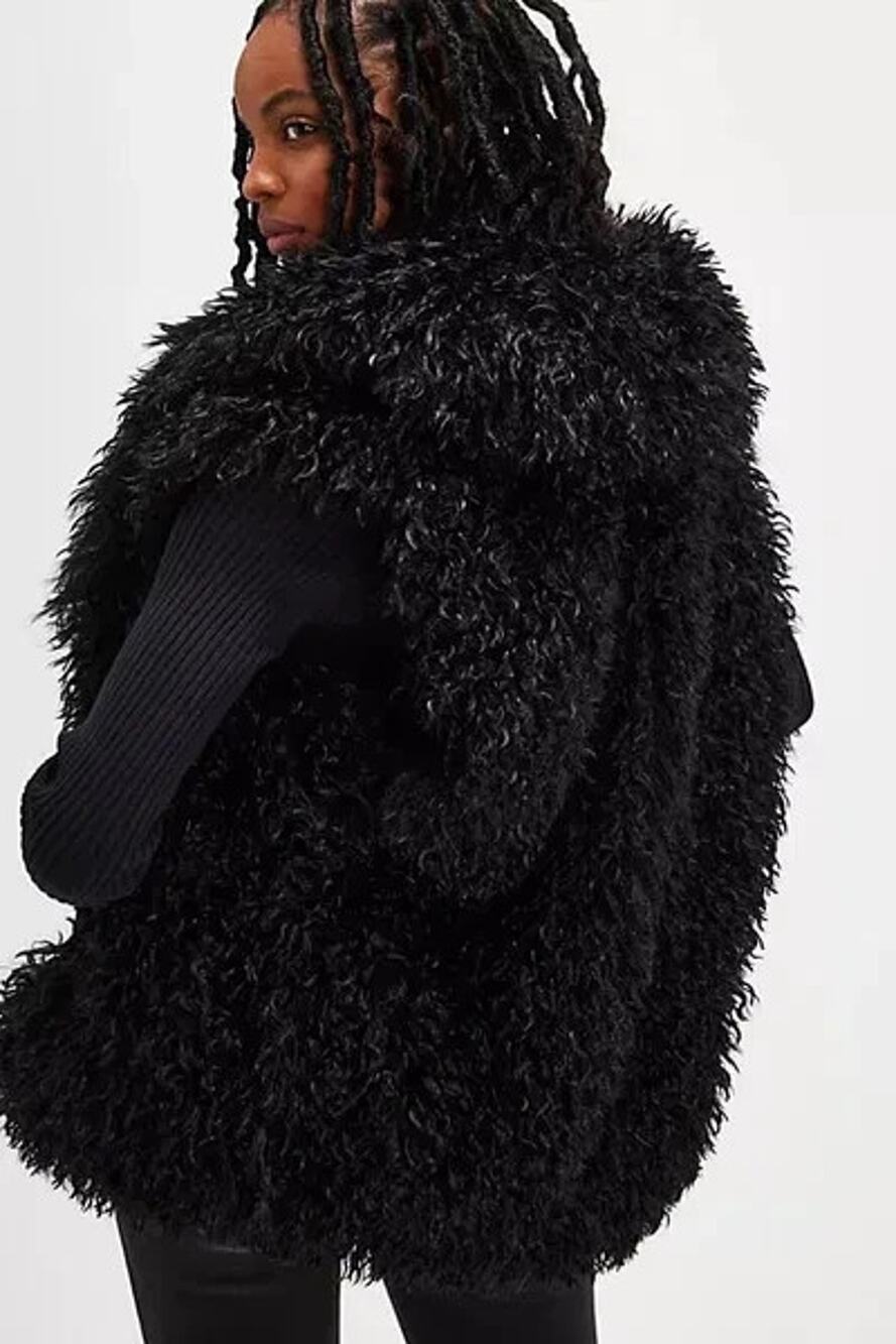 Free People Belle Faux Fur Hooded Vest Black Size L NWT